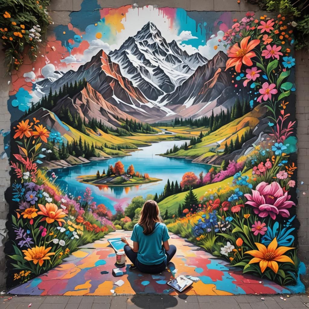 Huge Chalk design on sidewalk colorful mountain, lake, flowe...