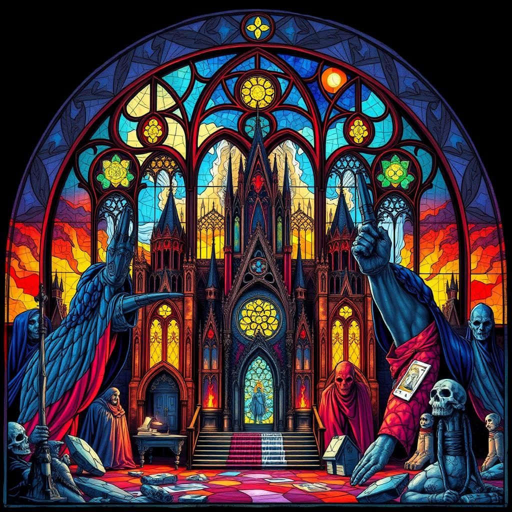 Surreal Stained Glass Polyptych in Gothic Style