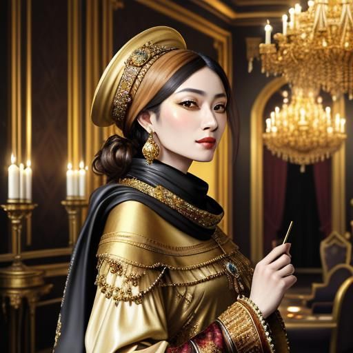 Baroque Lady at Lavish Party: An Oil Painting