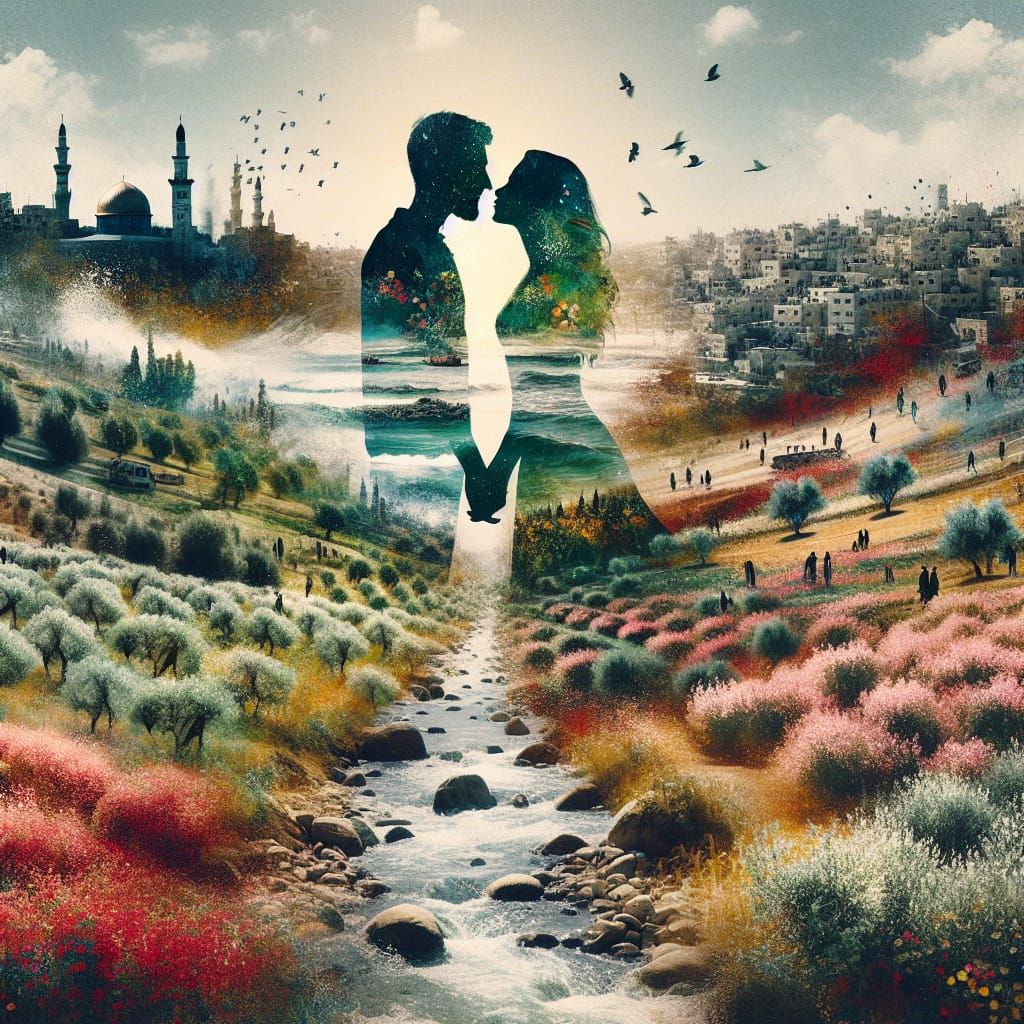 Palestinian Couple in Double Exposure Landscape
