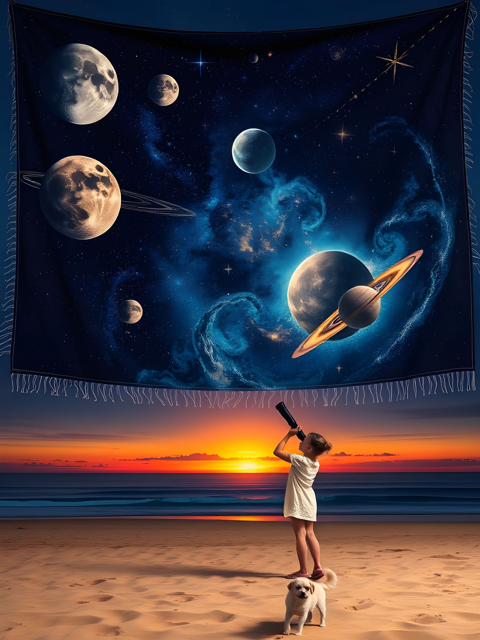 Cosmic Beachside Tapestry in Batik Style