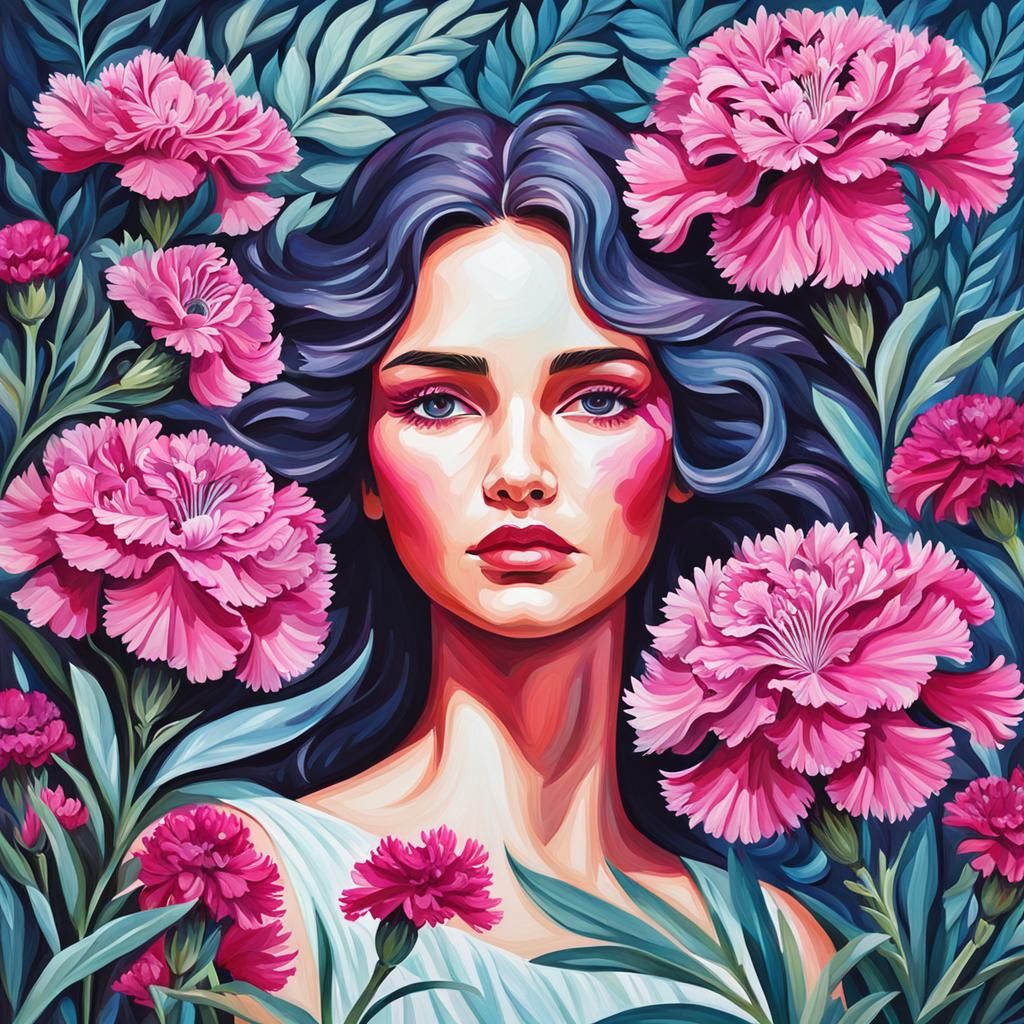 Goddess Surrounded by Magenta Dianthus Foliage