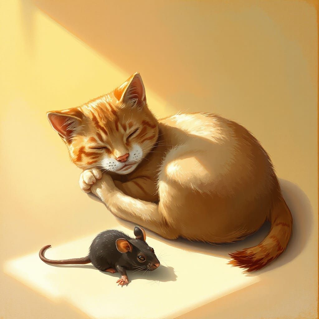 Dreaming Cat Aspires to Be Lion in Painterly Style