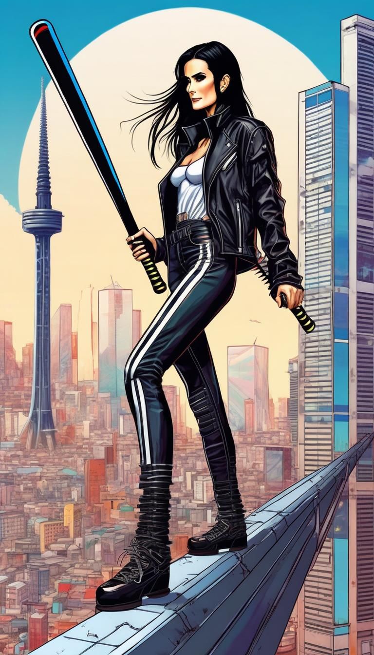 Anime Demi Moore as Futuristic Biker on Skyscraper