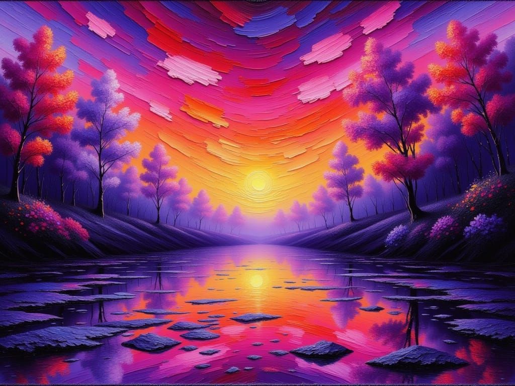 Vibrant River Reflects Purple Sky as Impasto Painting