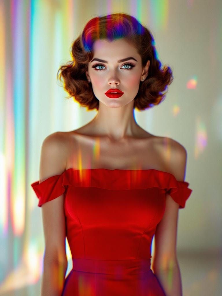 Prismatic 1950s Pin-Up with Refracted Light Effects