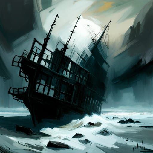 Ghost Shipwreck with Skull Rock, Detailed Illustration