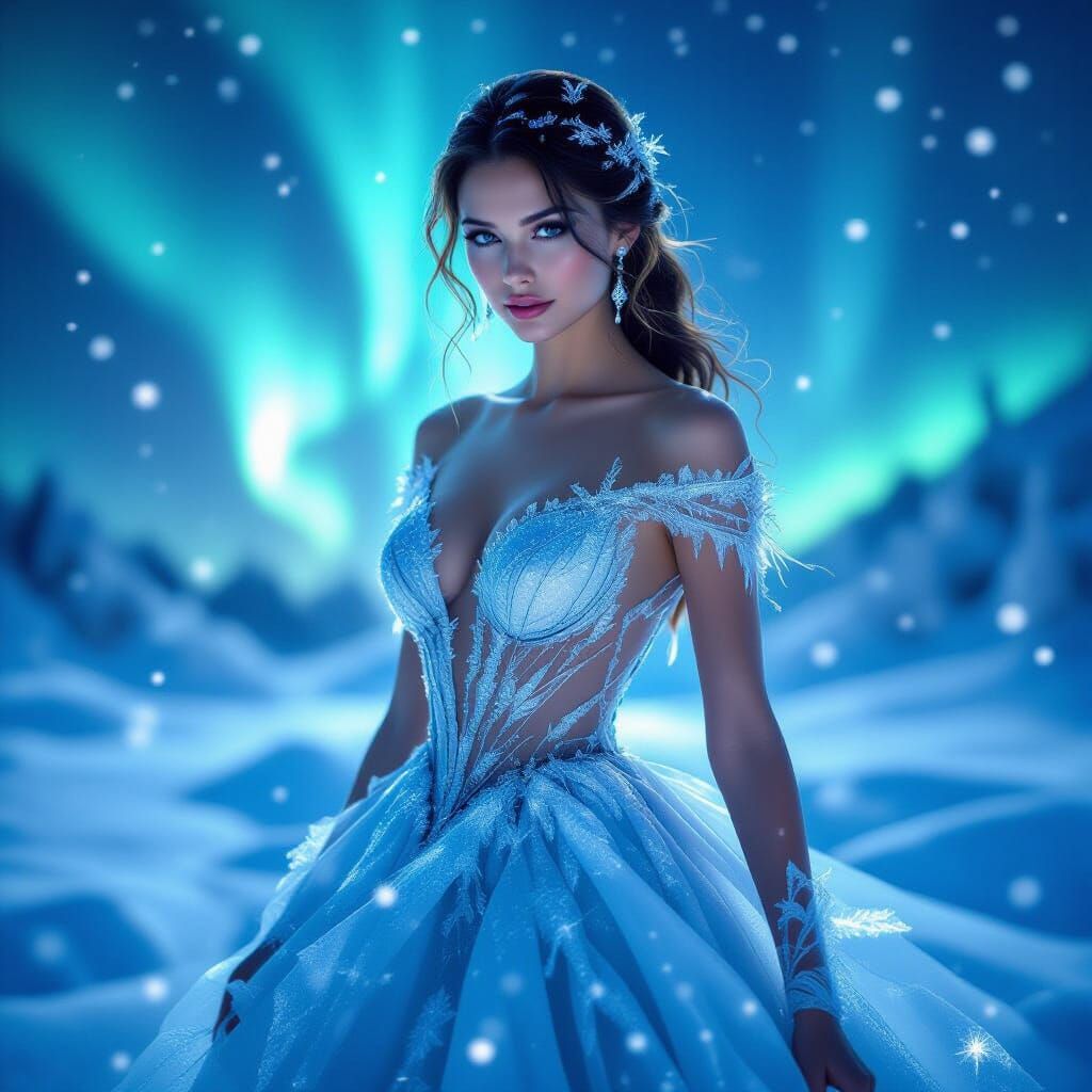 Woman in Shimmering Ice Dress Under Northern Lights