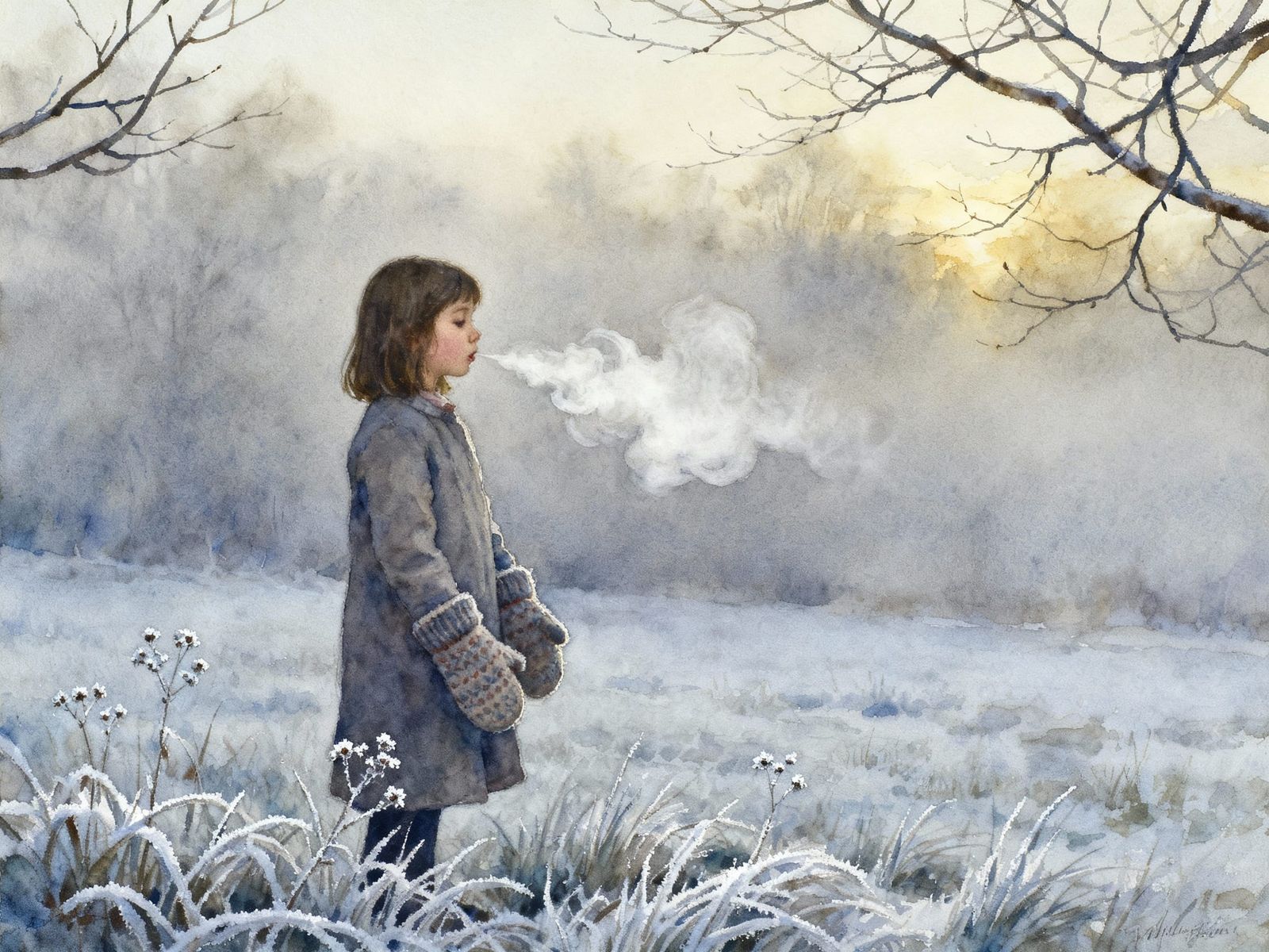 Watercolor Painting of Girl in Mittens on Frosty Morning