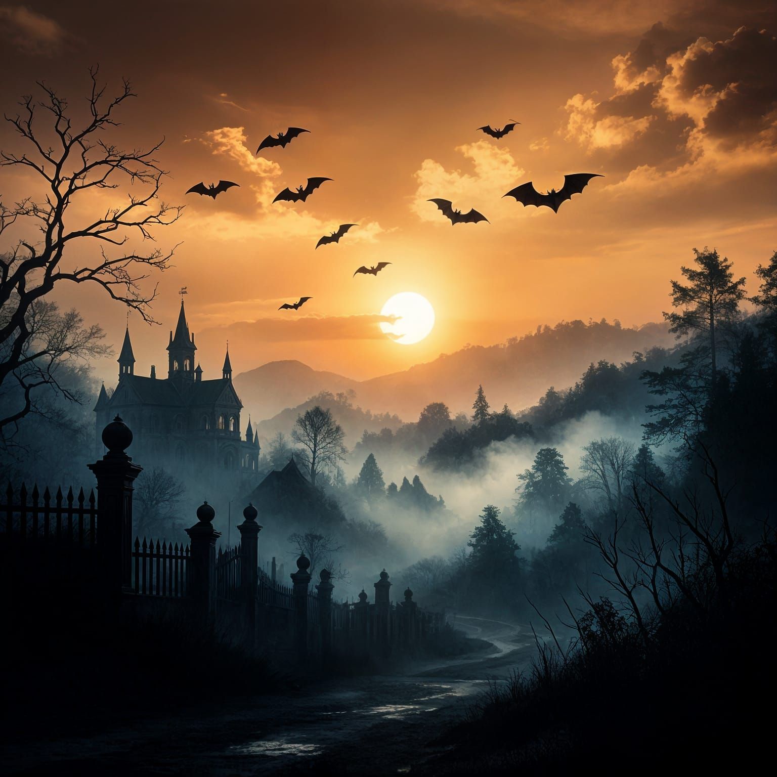 Eerie Horror Sunset with Bats and Mist
