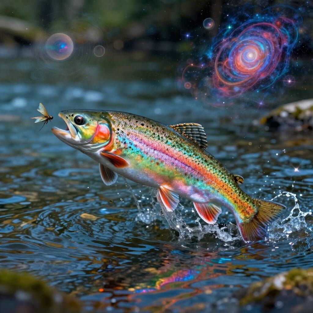 Cosmic Rainbow Trout Leaps for Mayfly in Astral River