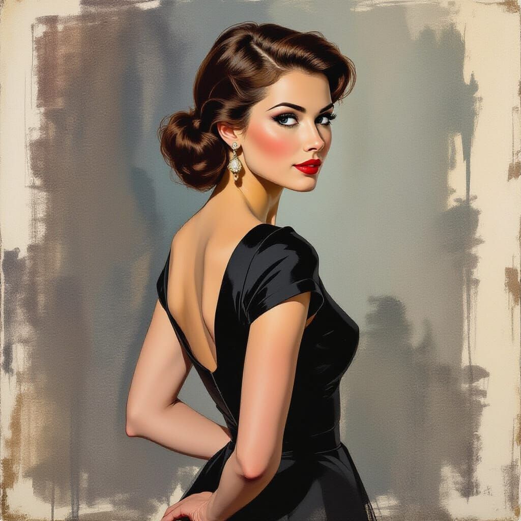 Woman in 1960s Dress: Impressionist Charcoal and Watercolor