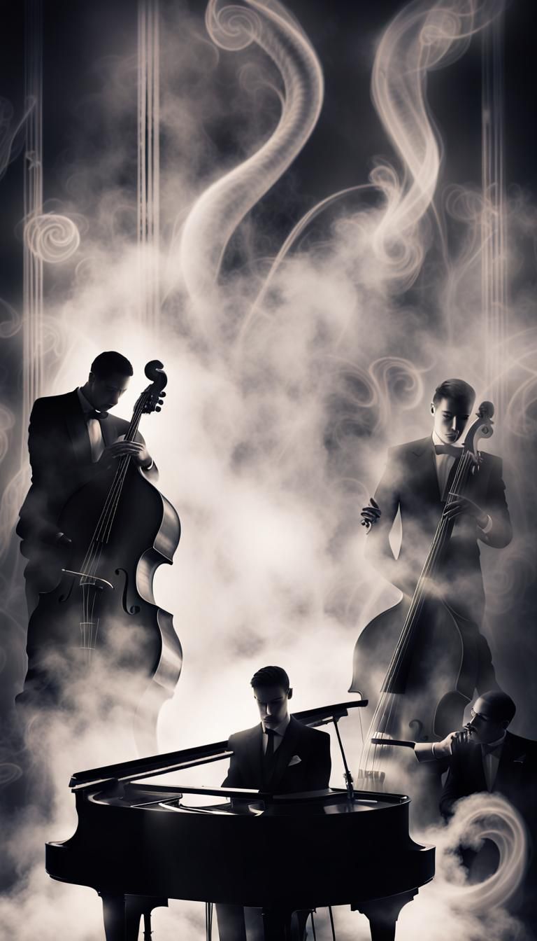 16k resolution, monochrome scene, jazz club from the 1920s, spotlight on a singer and musicians made entirely of swirlin...