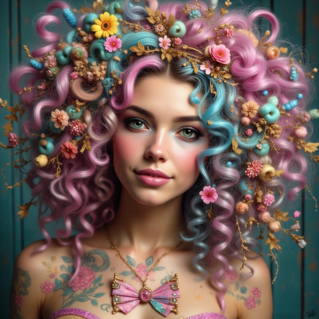 Rainbow Curls with Gold Vines and Flowers