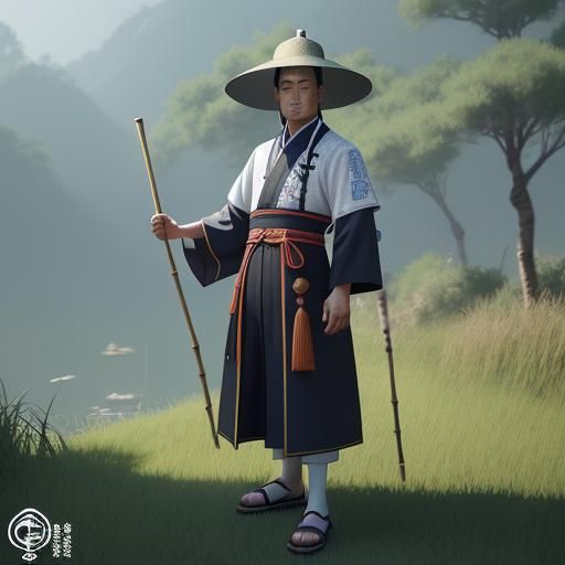 A chinese Taoist who wear bamboo hat.