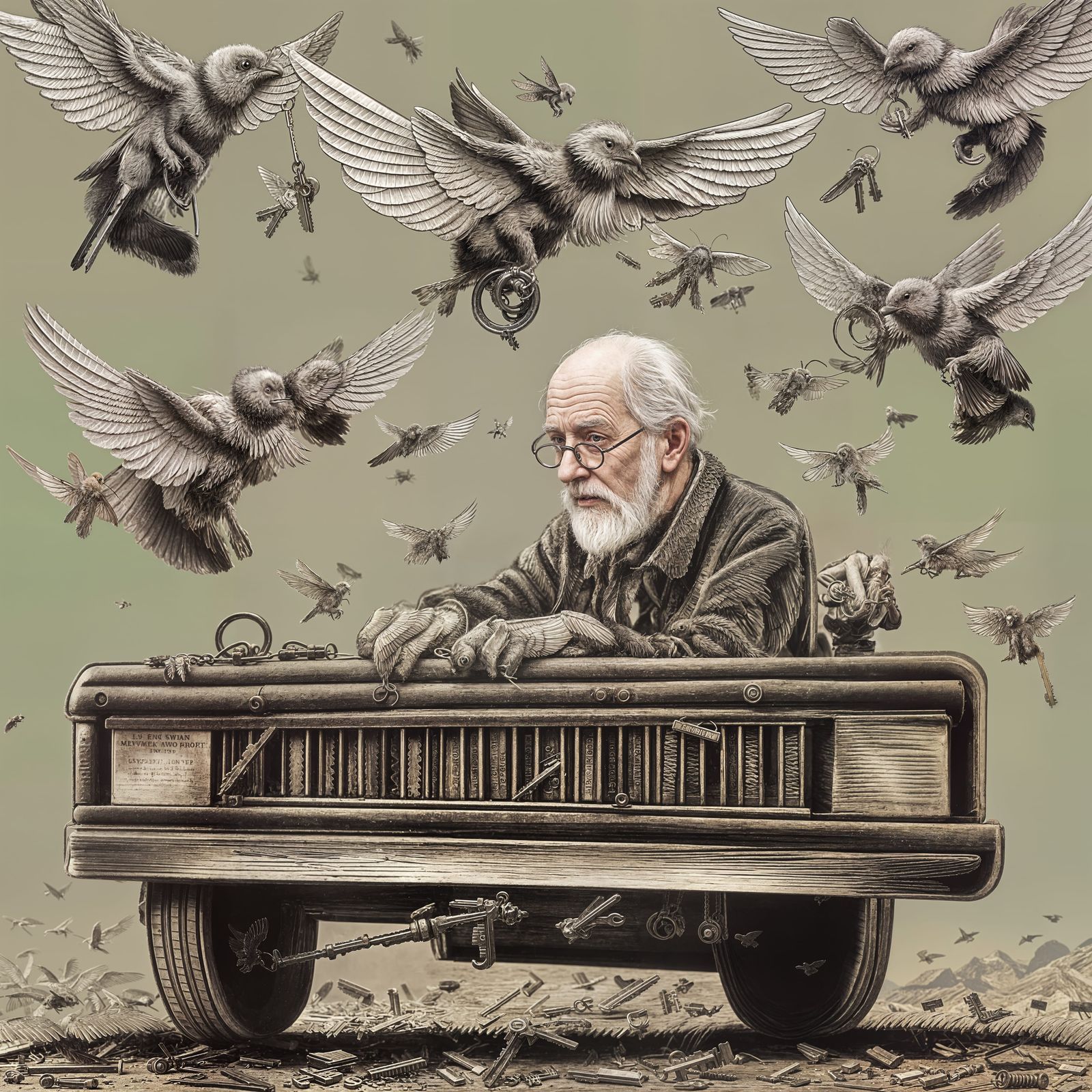 Keys in Mid-Air Flight Above a Bustling Key Workshop