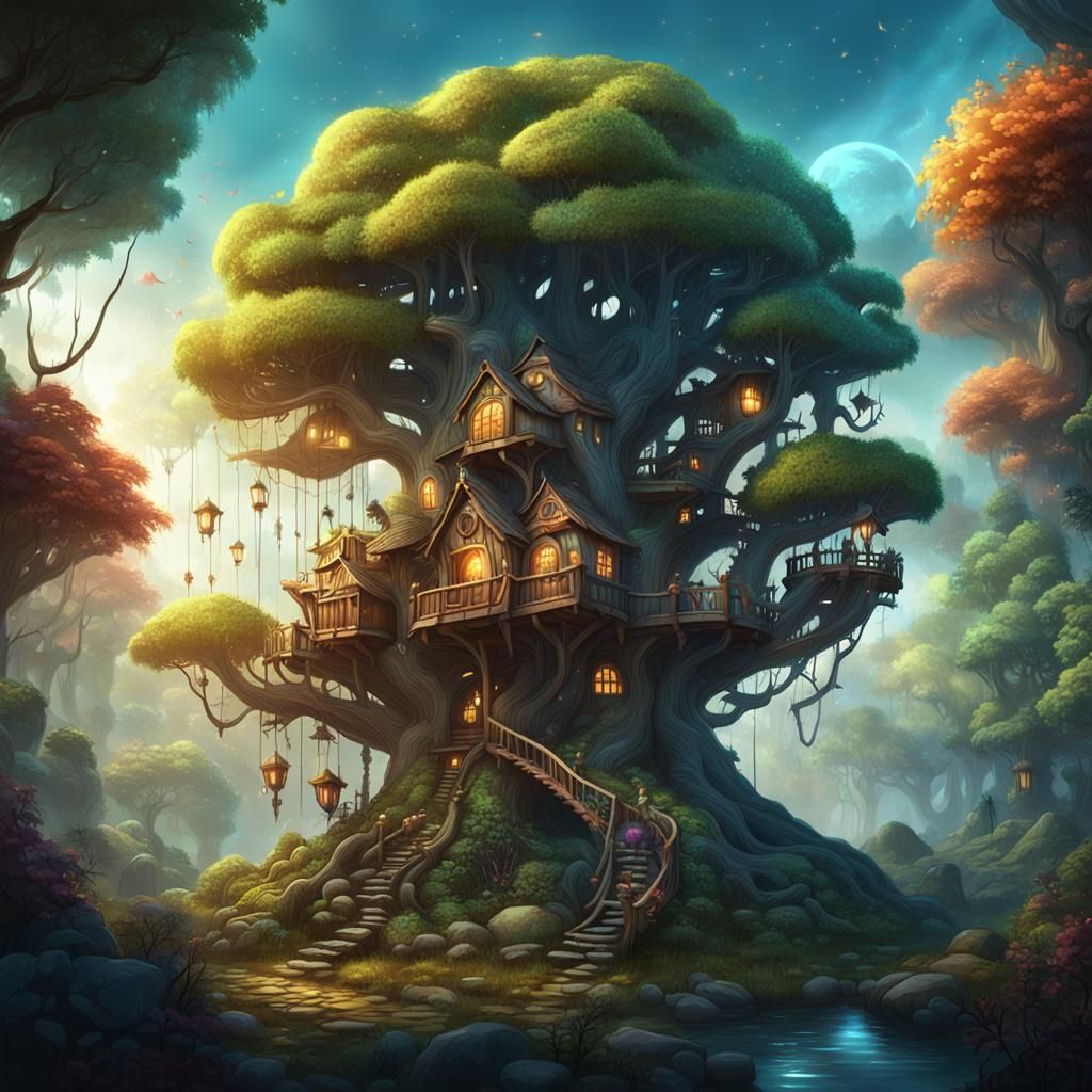 Magical Treehouse in Mystical Forest, Fantasy Illustration