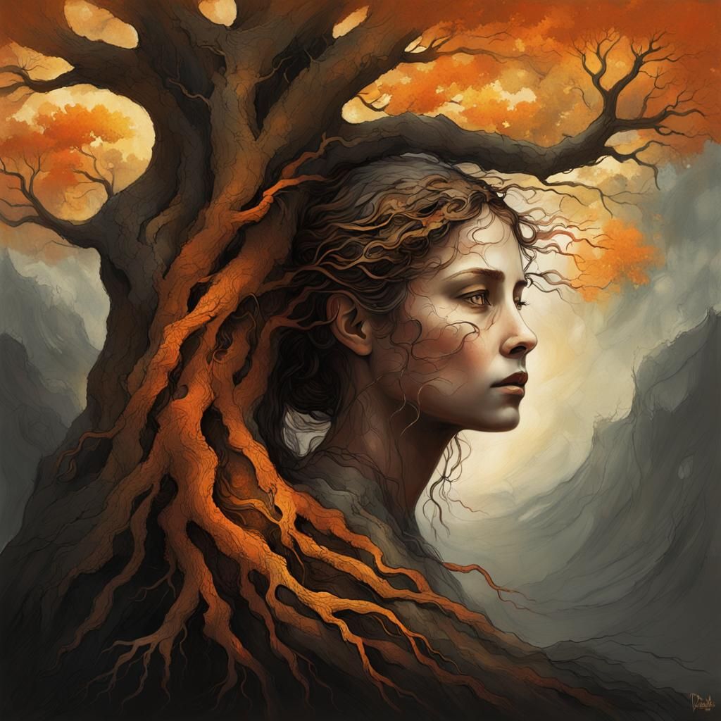 Woman Embracing Ancient Tree with Ethereal Glow