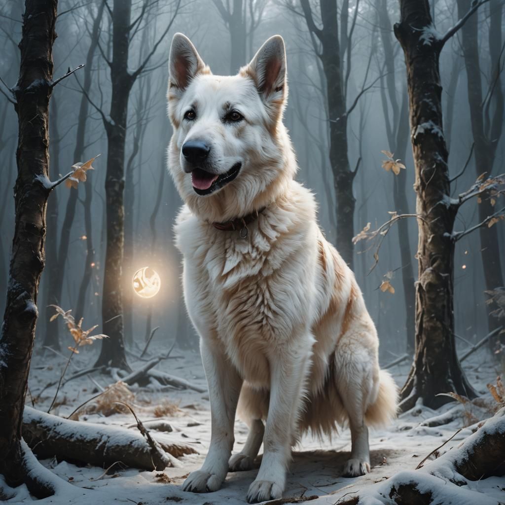 German Shepherd in Misty Forest: Digital Matte Painting