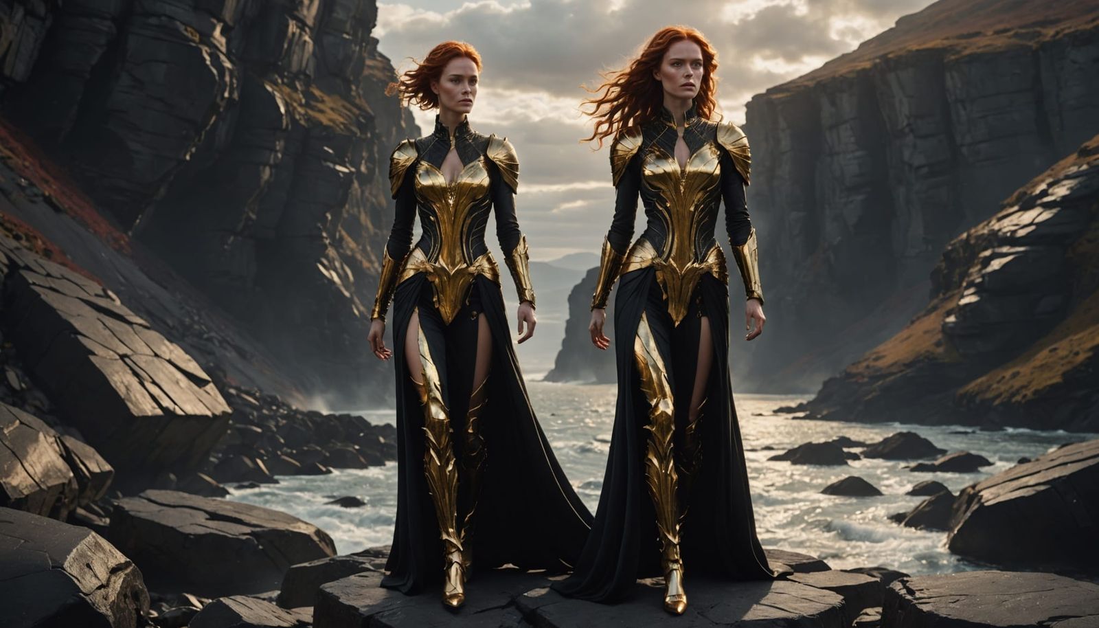 Golden Woman on Obsidian Cliffs in Dragon Scale Robe