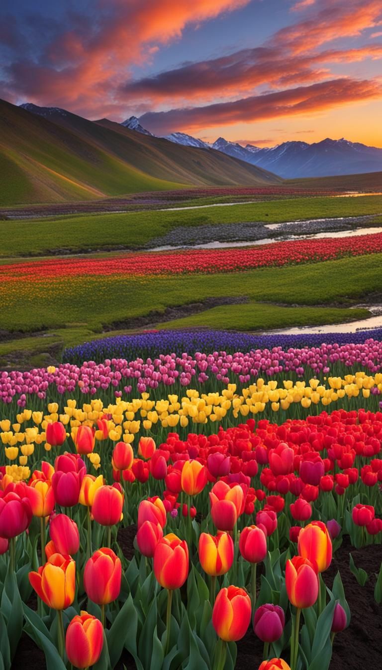 Breathtaking Multicolored Tulips in Valley at Sunset