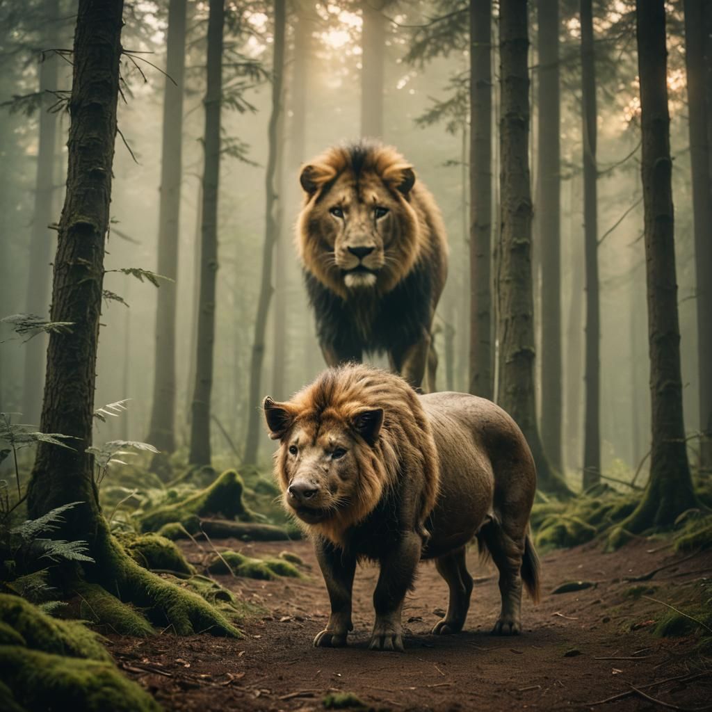 Half-Pig, Half-Lion Creature in Misty Forest