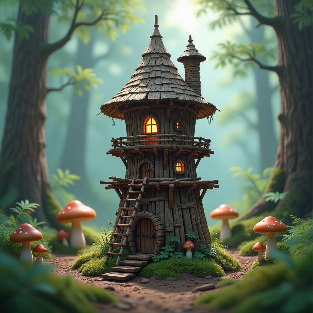 Fantasy Wizard Tower in Mystical Forest Clearing