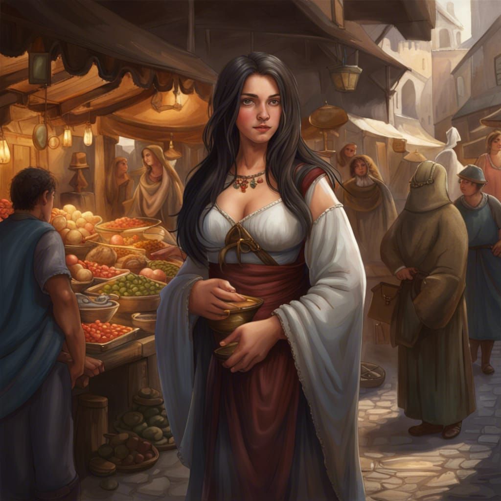 Goddess Shopping at Medieval Bazaar, Oil Painting