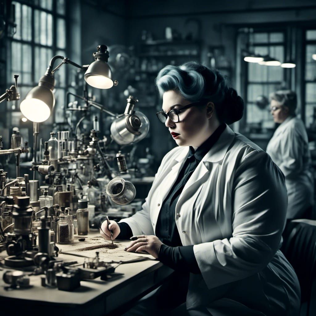 Curvy Scientist Working in Hyperrealistic Laboratory