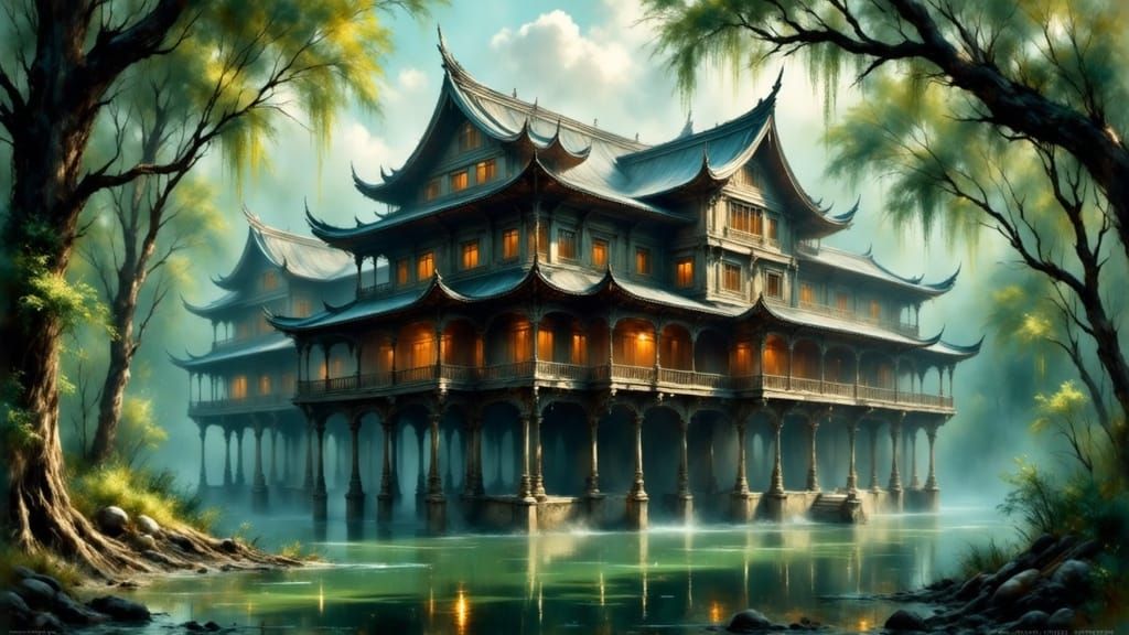 Ancient Chinese Mansion in Flooded Jungle Swamp