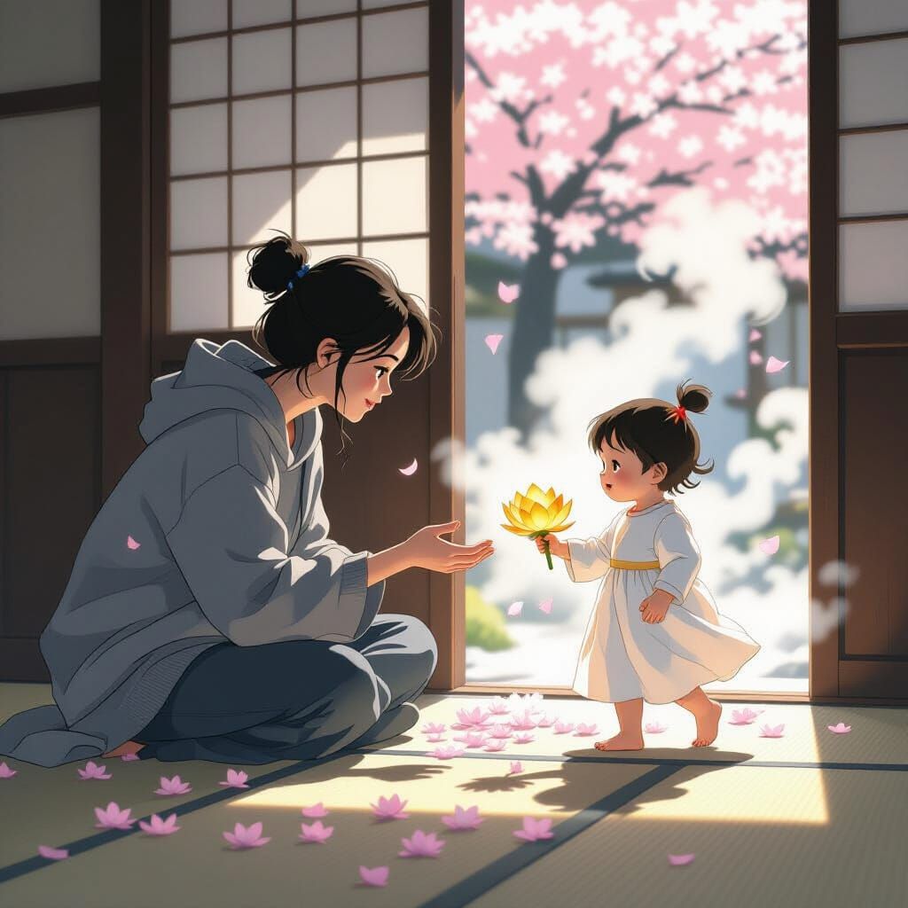 Mother and Child in Sunlit Doorway: Cinematic Japanese Art