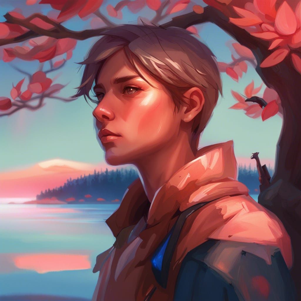 Hunter in Peach Tree, Hyperdetailed Concept Art