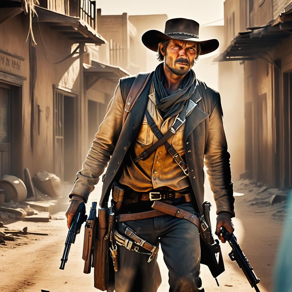 Gunslinger in Dusty Street: Photorealistic Film Still