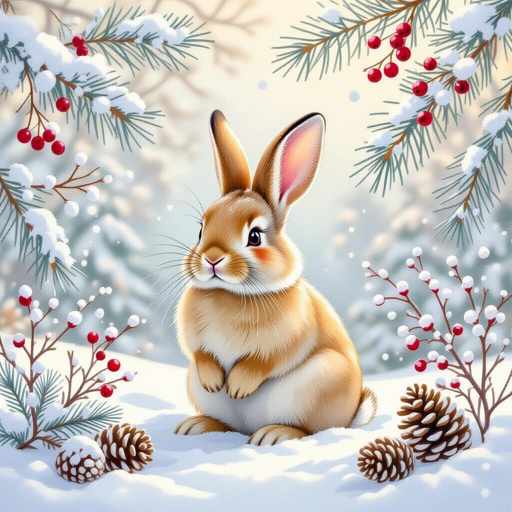 Dreamy Winter Rabbit in Snowy Forest