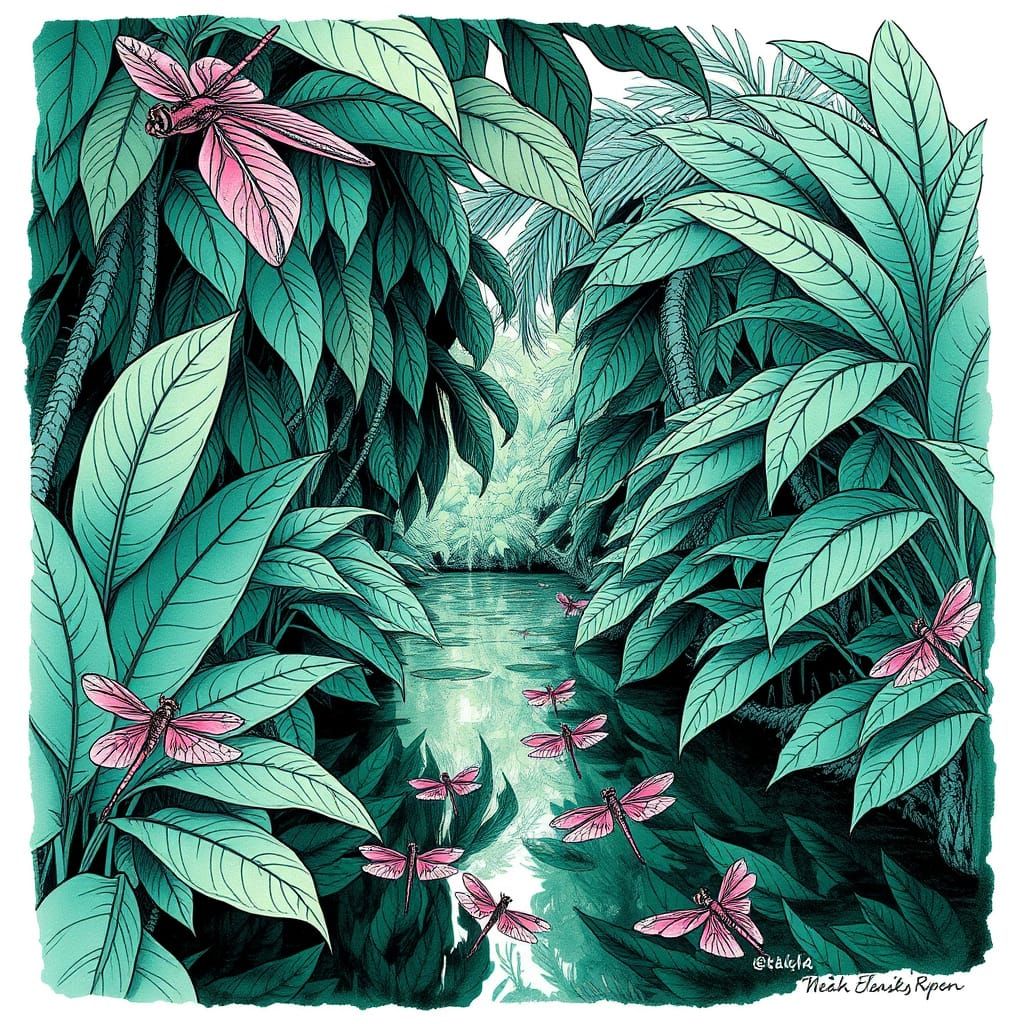 Elegant Hyperrealist Ink Drawing of a Mint Green Forest with...