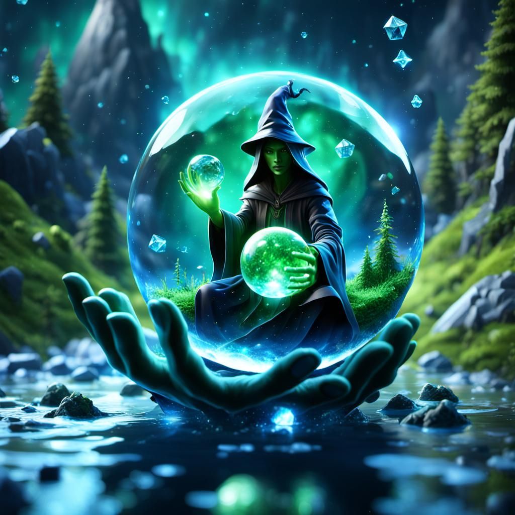 sound waves and music notes black witch with green hands holding blue reflective crystal ball floating around star in o...
