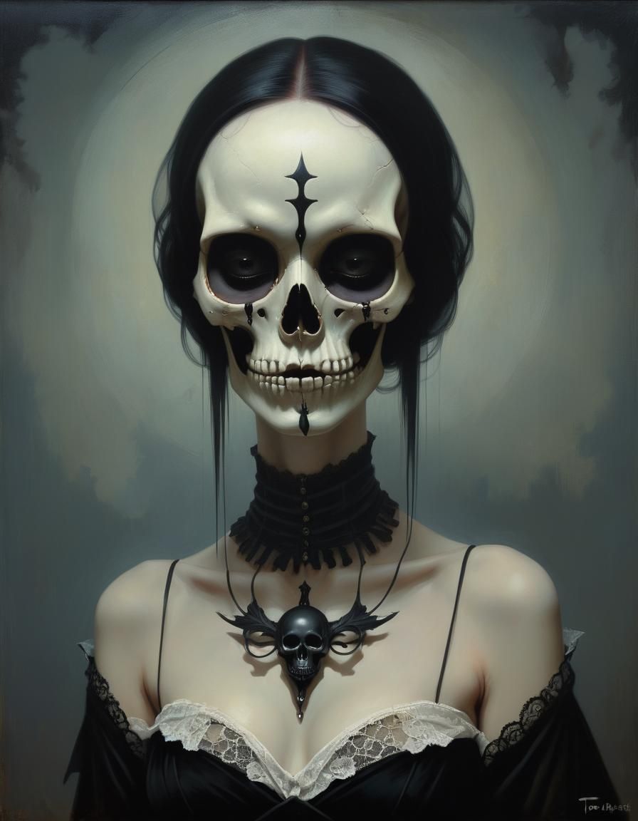 Gothic Woman with Skull Mask in Dramatic Lighting
