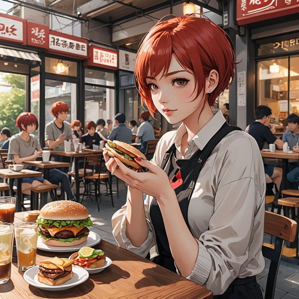 Anime Girl with Red Hair Eating Burger