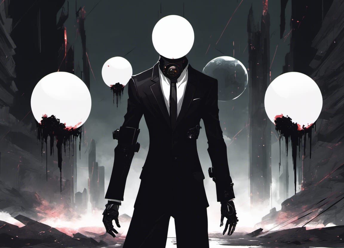 Orb-Headed Assassin in Glitchcore Sci-Fi Setting