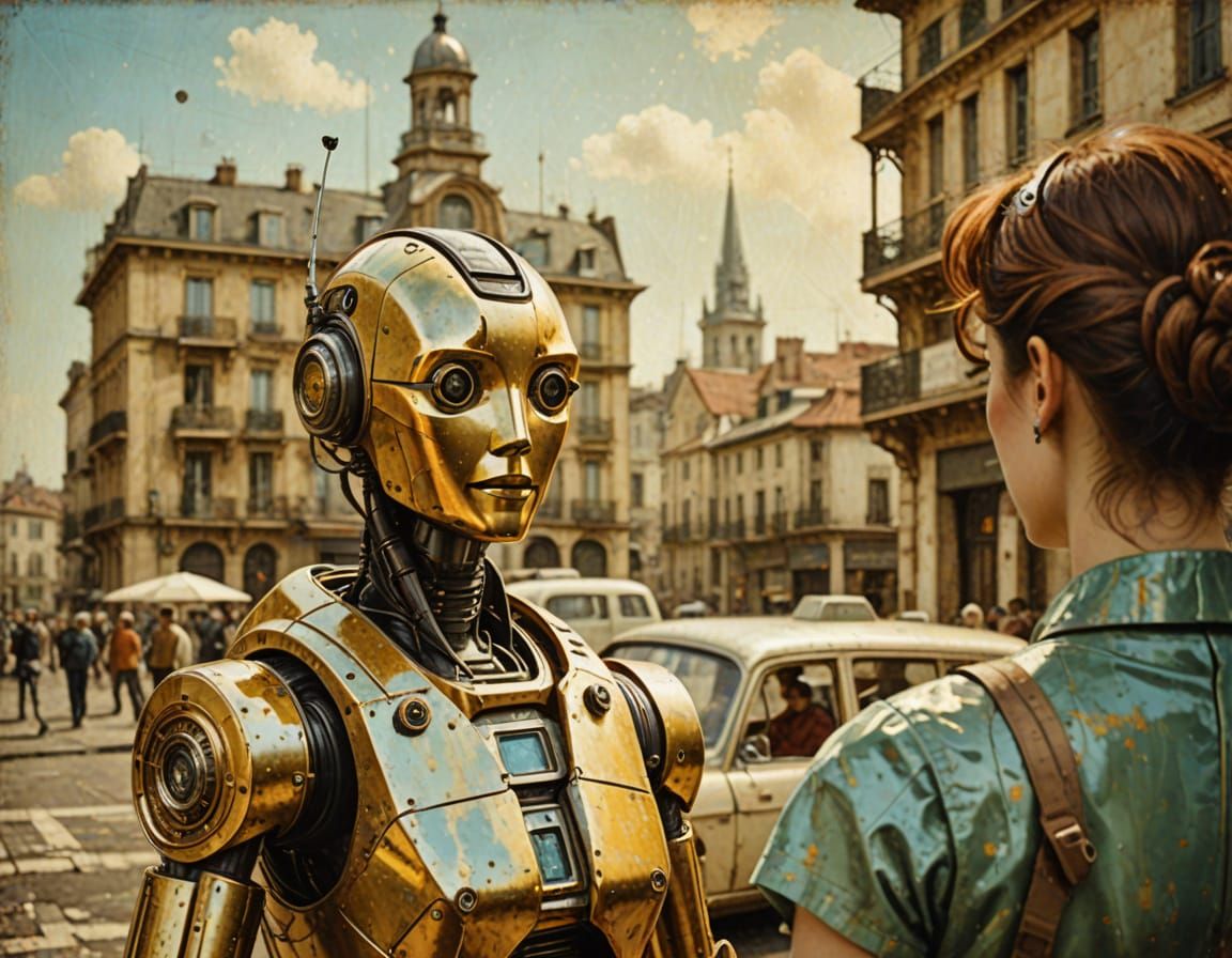 Vintage Robot's New Life on Venus in Oil Painting Style