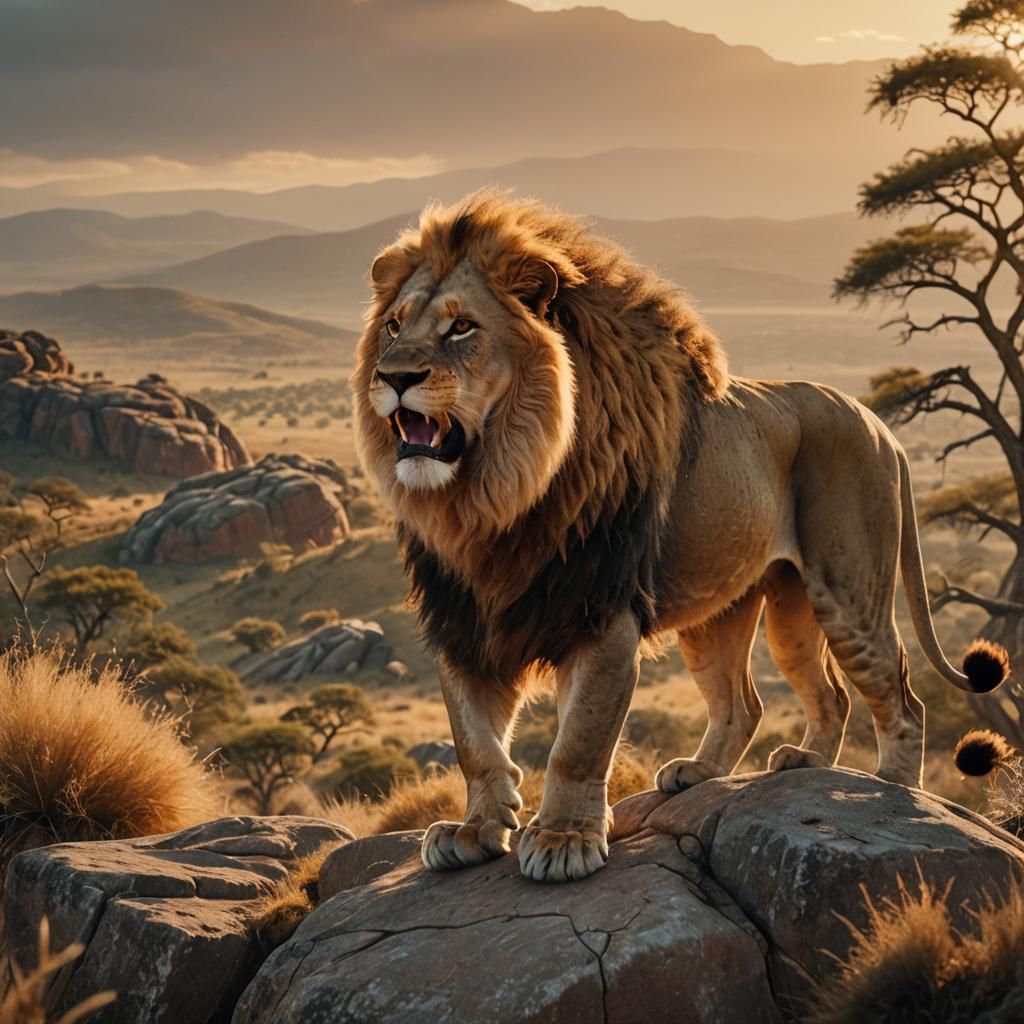 Majestic Lion Roaring in Golden Savannah Landscape