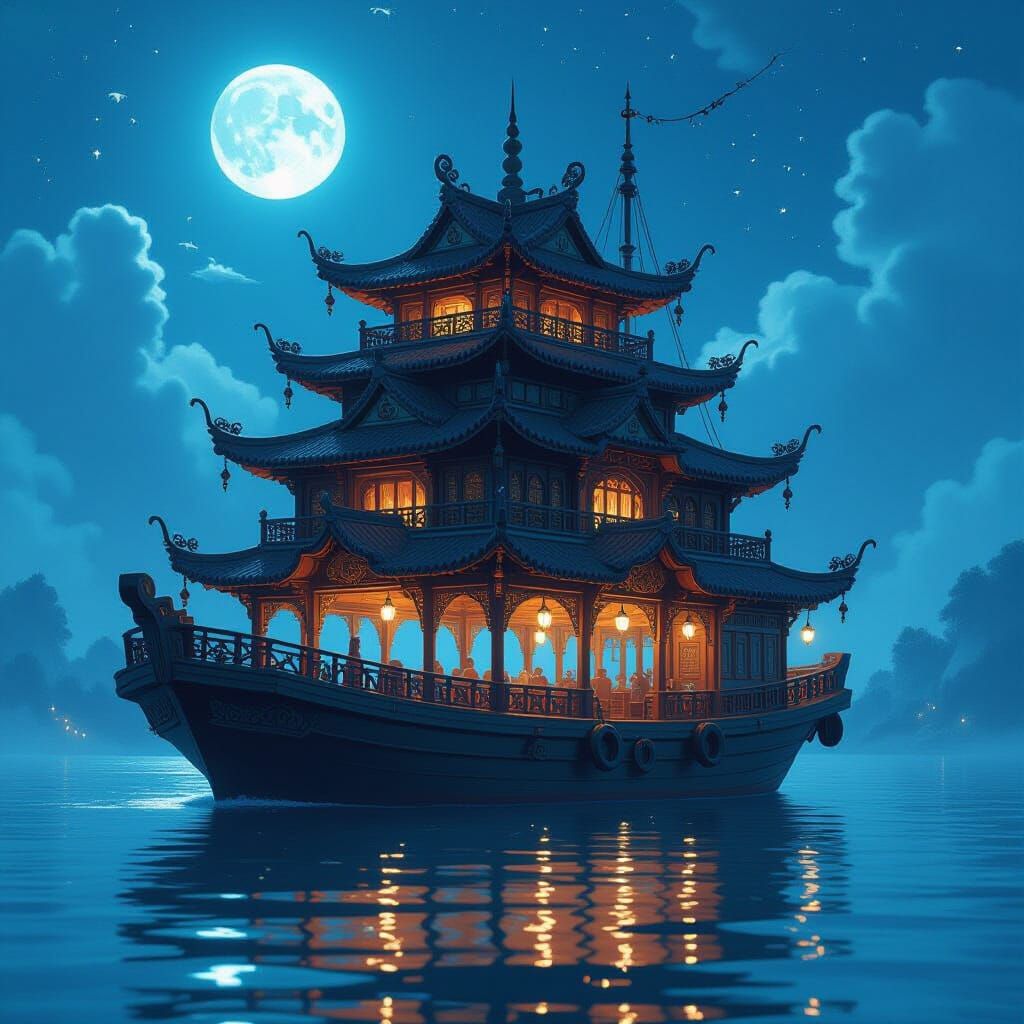 Floating Restaurant Shimmers in Moonlight with Dreamlike Mys...