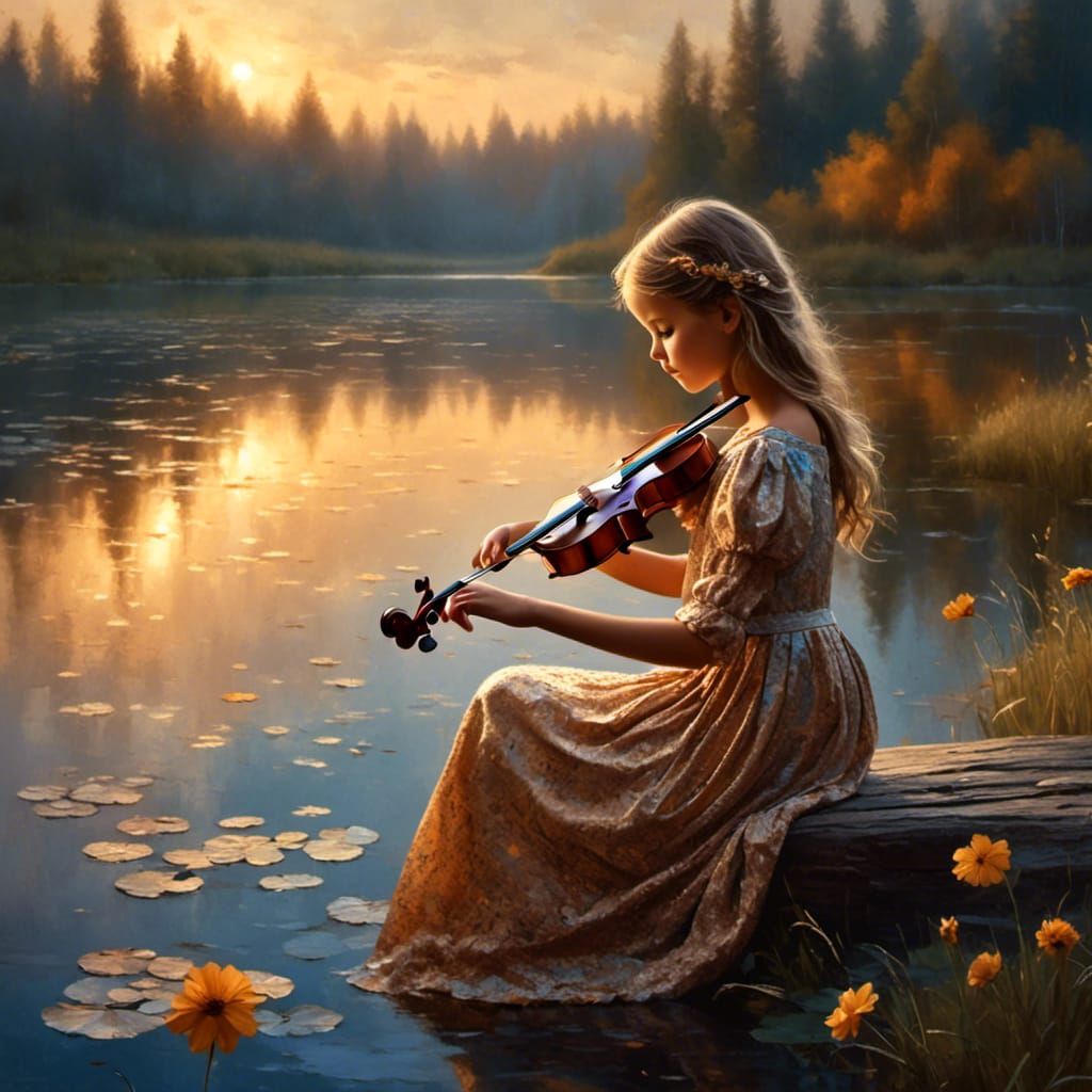 little girl in a beautiful dress playing violin...