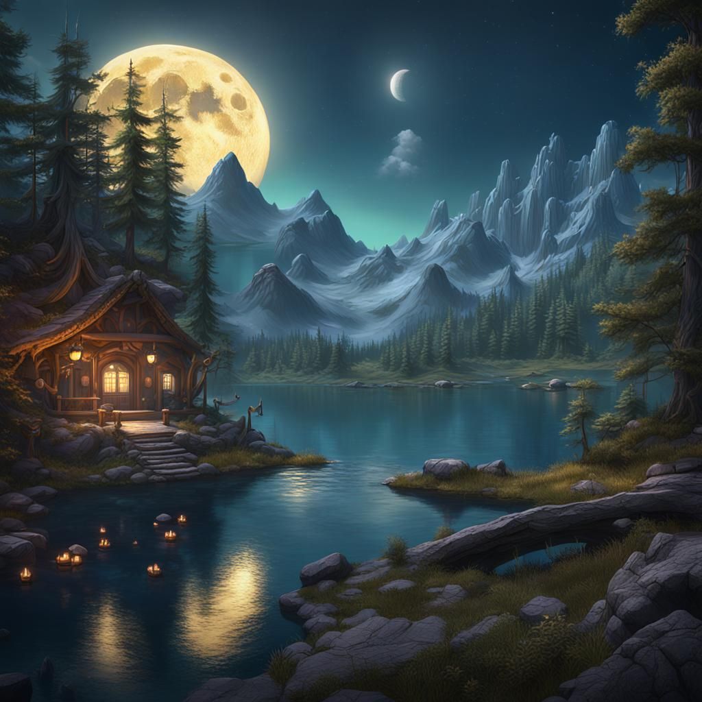Moonlit Raccoon in Mountain Lake Landscape