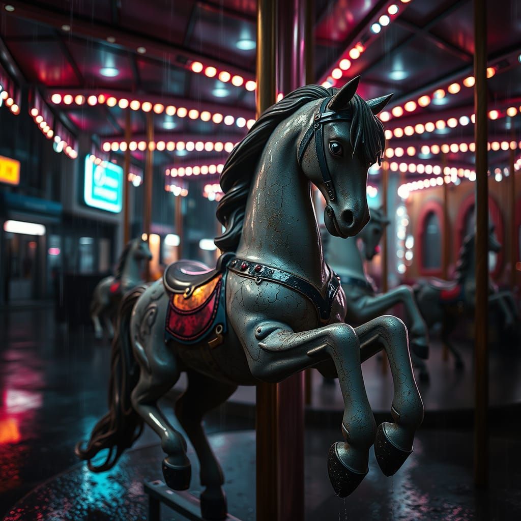 Cyberpunk Carousel Horse Awakens in Neon Rain