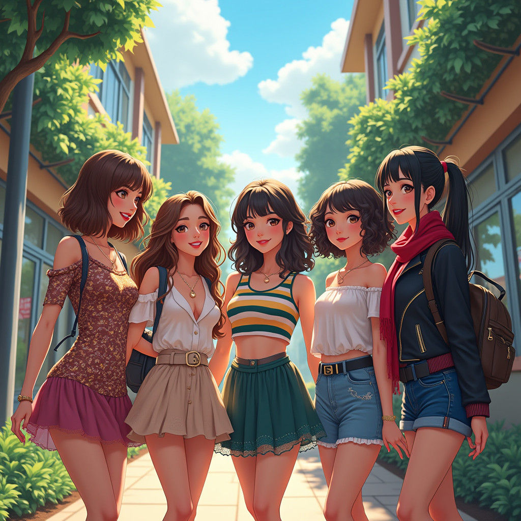 Vibrant Friends in School Courtyard Fashion