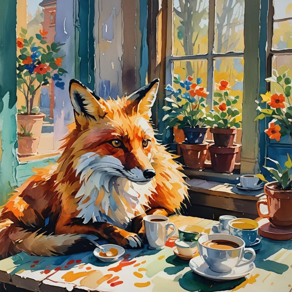 Fox Sipping Coffee: Maximalist Impressionist Gouache