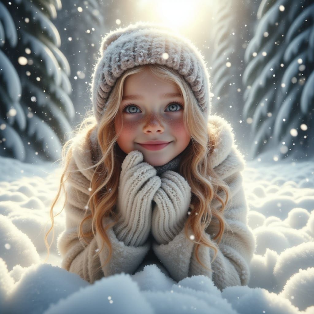 A Young Girl's Joyful Winter Wonderland in Realistic Concept...