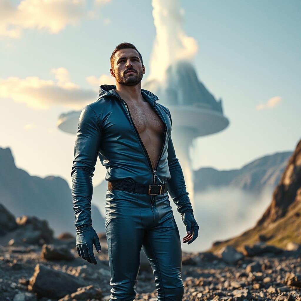 Astronaut Gazing at Waterfall on Alien Planet