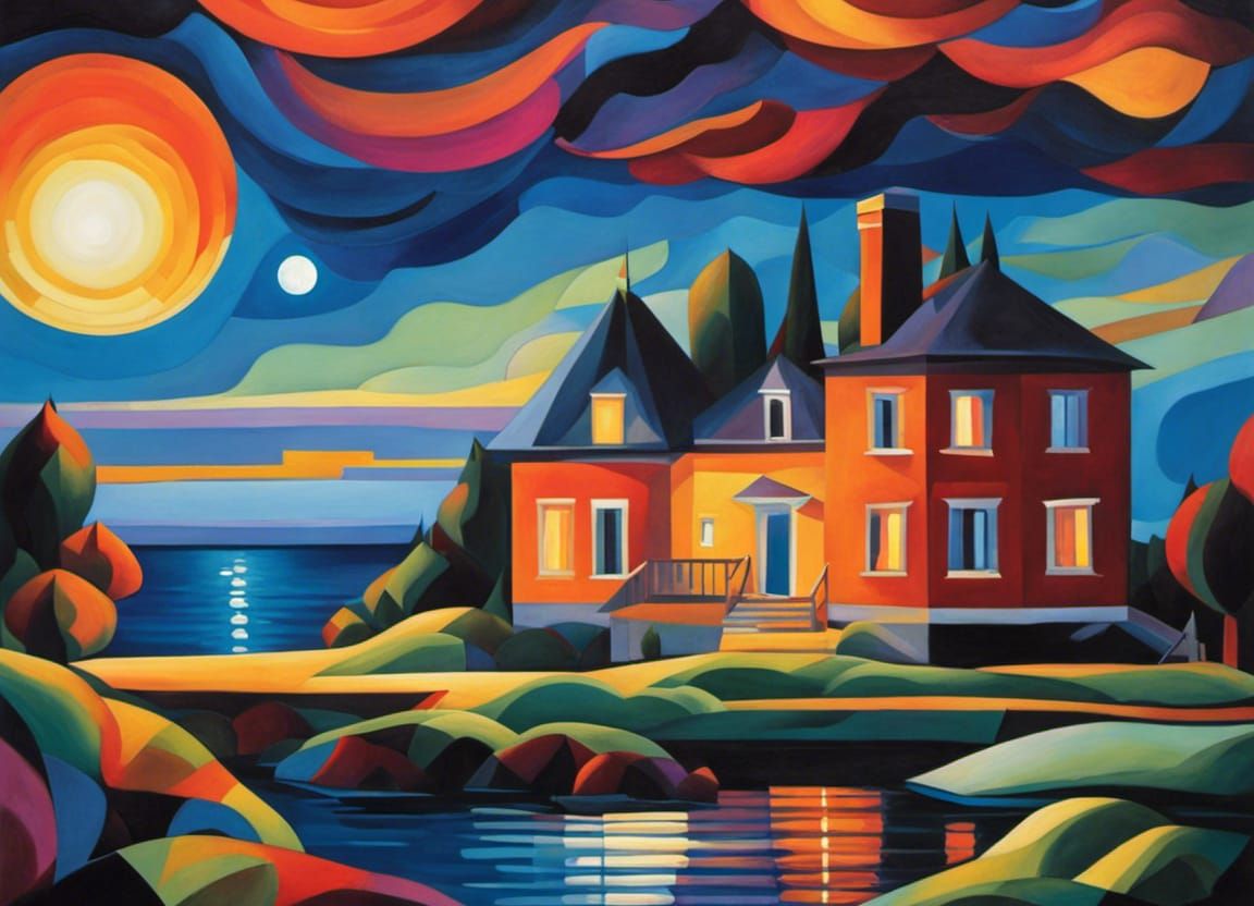 Lakefront House at Night in Cubist Style